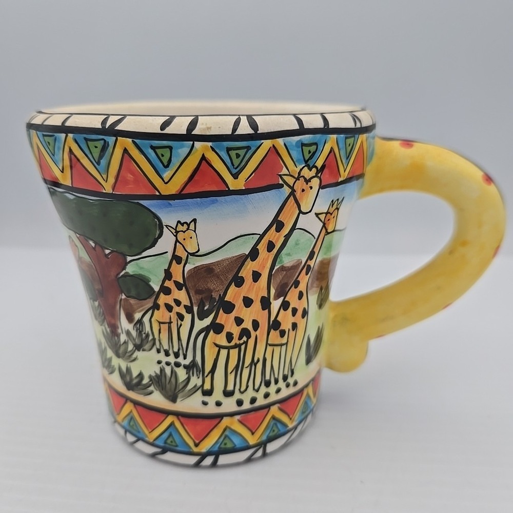Vintage Hand Painted African Animals Coffee Mug Giraffe Elephant Zebra Rhino